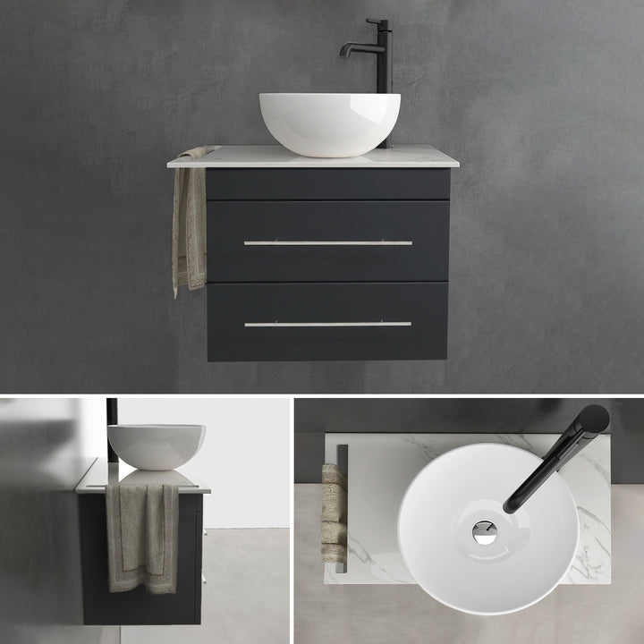 Alpenberger Badmöbel Set 60 cm mit Aufsatzwaschbecken – Schwarz Matt – Keramikplatte