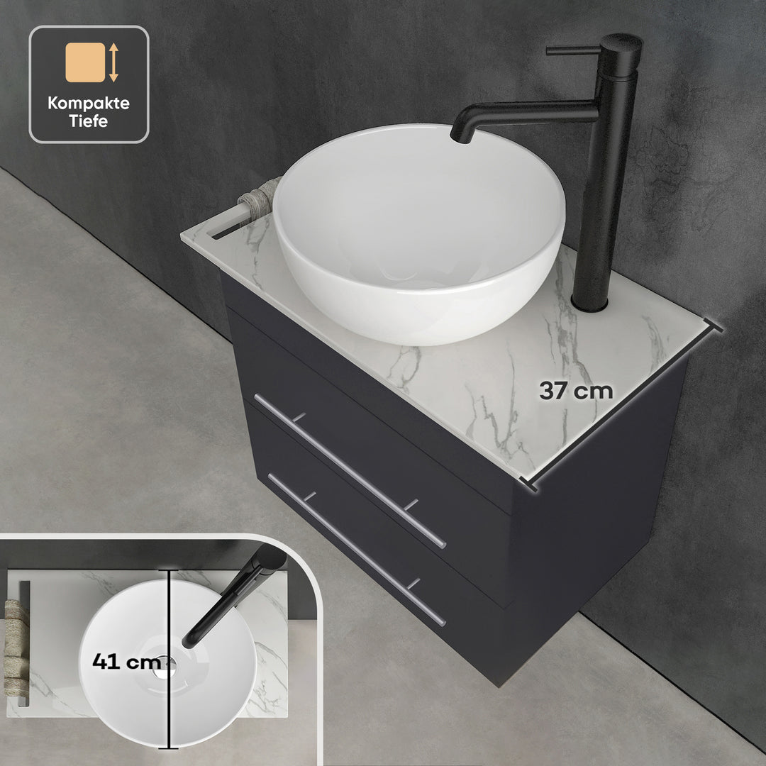 Alpenberger Badmöbel Set 60 cm mit Aufsatzwaschbecken – Schwarz Matt – Keramikplatte