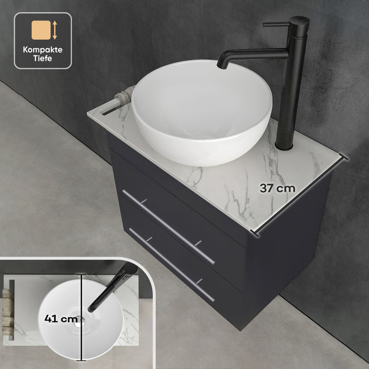 Alpenberger Badmöbel Set 60 cm mit Aufsatzwaschbecken – Schwarz Matt – Keramikplatte