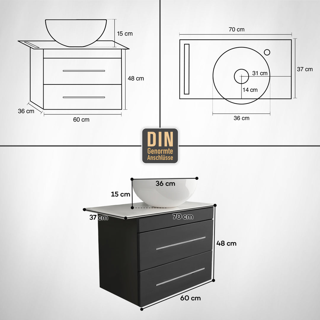 Alpenberger Badmöbel Set 60 cm mit Aufsatzwaschbecken – Schwarz Matt – Keramikplatte
