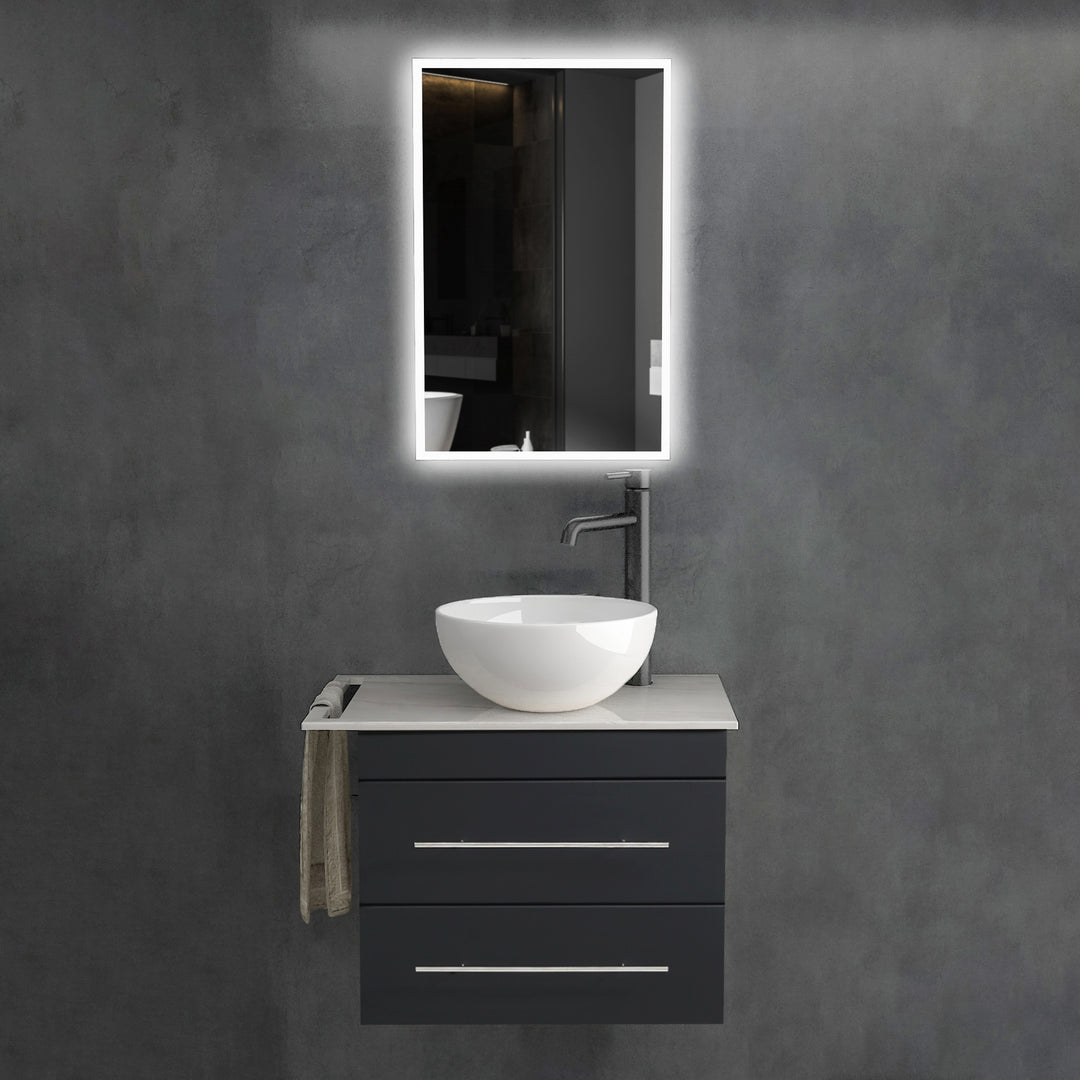 Alpenberger Badmöbel Set 60 cm mit Aufsatzwaschbecken & Spiegel – Waschtisch mit Unterschrank, Keramikplatte Calacatta - Schwarz Matt