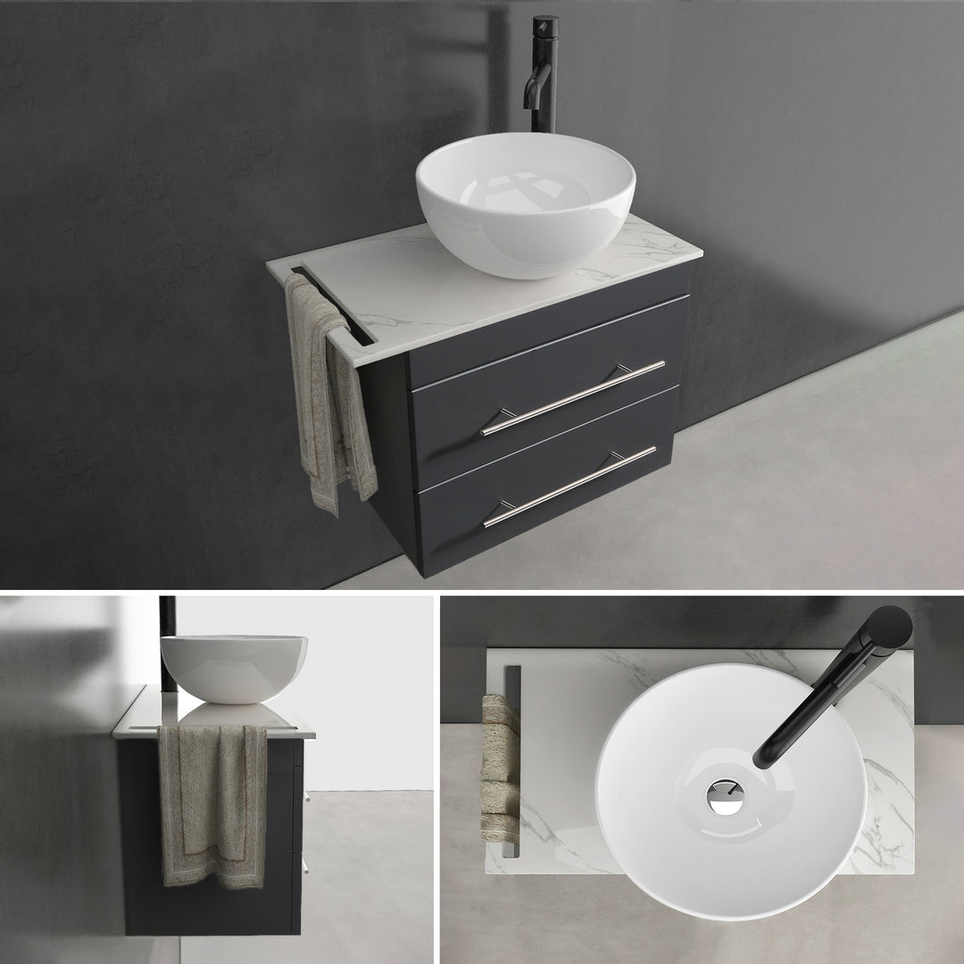 Alpenberger Badmöbel Set 60 cm mit Aufsatzwaschbecken & Spiegel – Waschtisch mit Unterschrank, Keramikplatte Calacatta - Schwarz Matt