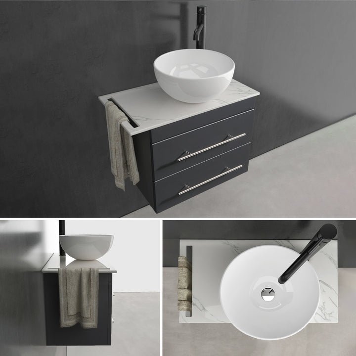 Alpenberger Badmöbel Set 60 cm mit Aufsatzwaschbecken & Spiegel – Waschtisch mit Unterschrank, Keramikplatte Calacatta - Schwarz Matt