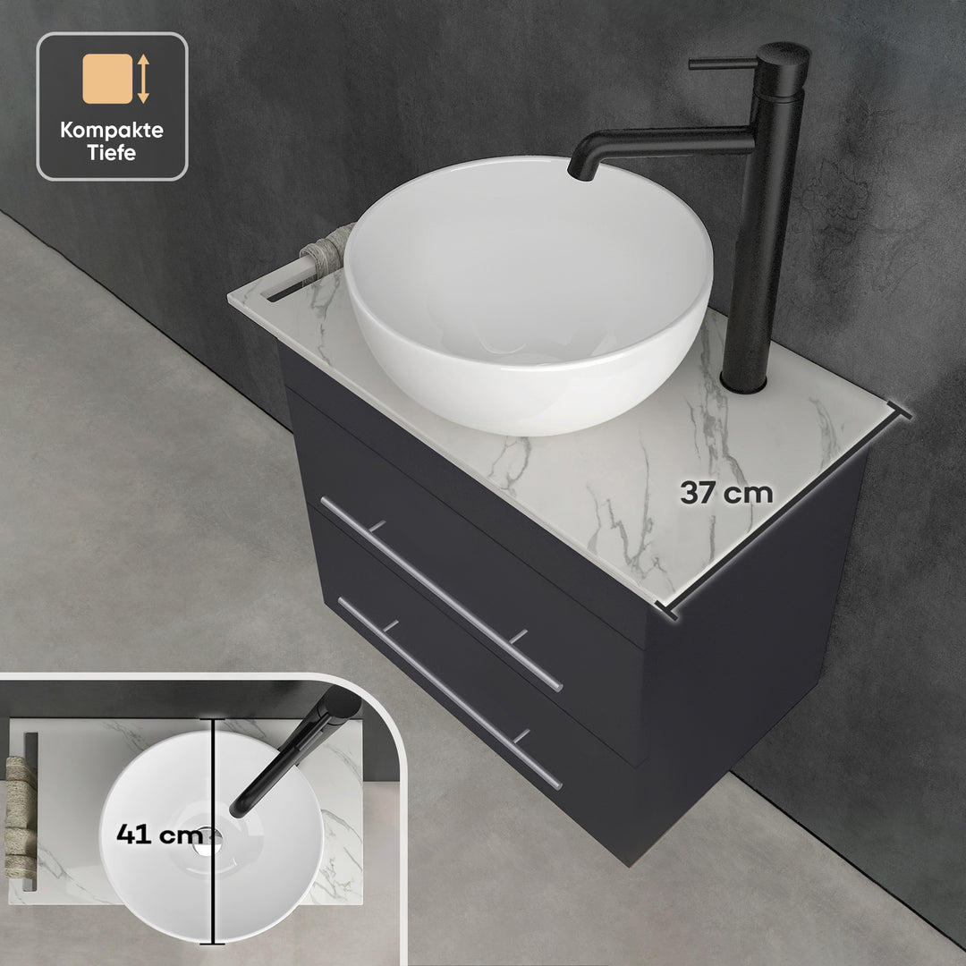 Alpenberger Badmöbel Set 60 cm mit Aufsatzwaschbecken & Spiegel – Waschtisch mit Unterschrank, Keramikplatte Calacatta - Schwarz Matt