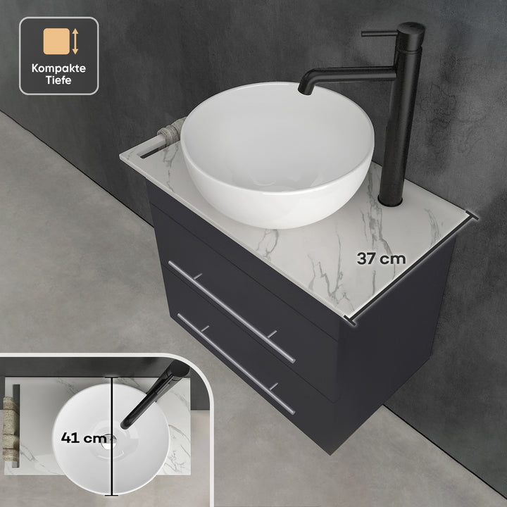 Alpenberger Badmöbel Set 60 cm mit Aufsatzwaschbecken & Spiegel – Waschtisch mit Unterschrank, Keramikplatte Calacatta - Schwarz Matt