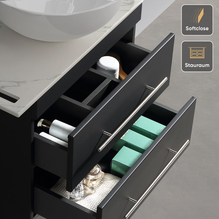 Alpenberger Badmöbel Set 60 cm mit Aufsatzwaschbecken & Spiegel – Waschtisch mit Unterschrank, Keramikplatte Calacatta - Schwarz Matt