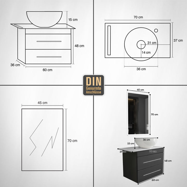 Alpenberger Badmöbel Set 60 cm mit Aufsatzwaschbecken & Spiegel – Waschtisch mit Unterschrank, Keramikplatte Calacatta - Schwarz Matt