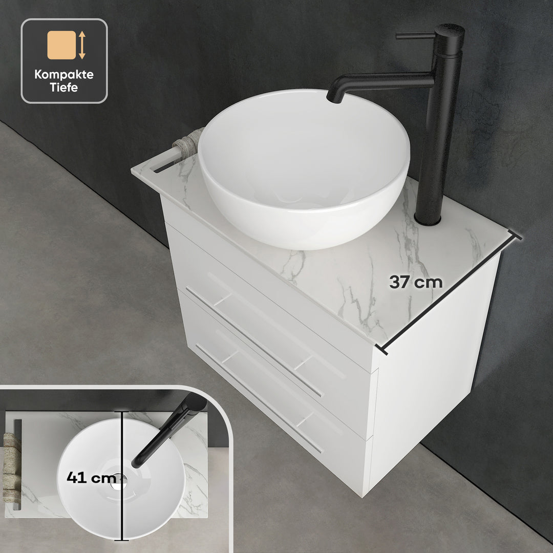 Alpenberger Badmöbel Set 60 cm mit Aufsatzwaschbecken – Weiss – Keramikplatte