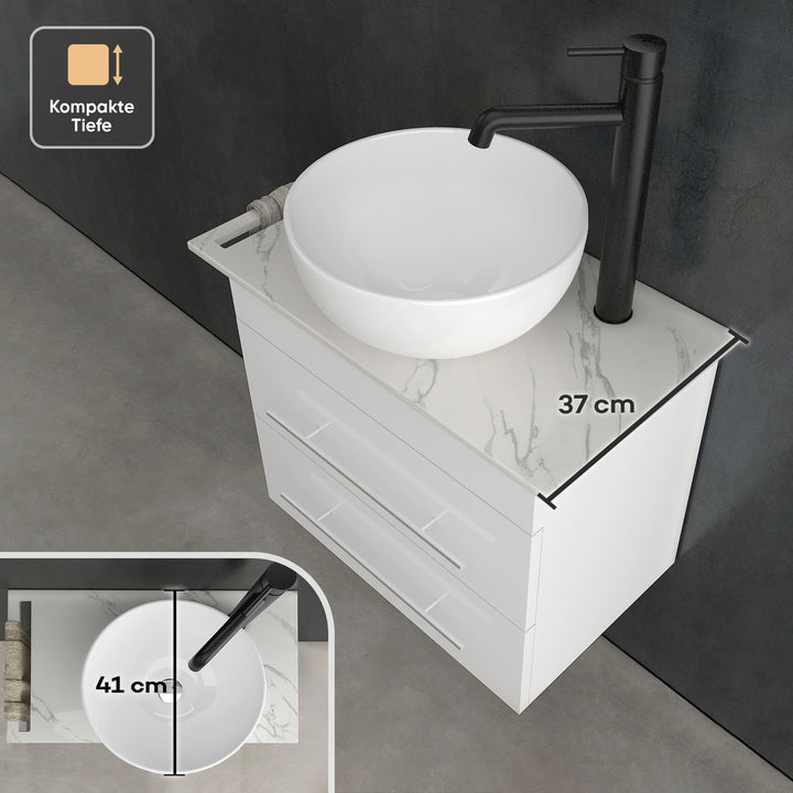 Alpenberger Badmöbel Set 60 cm mit Aufsatzwaschbecken – Weiss – Keramikplatte