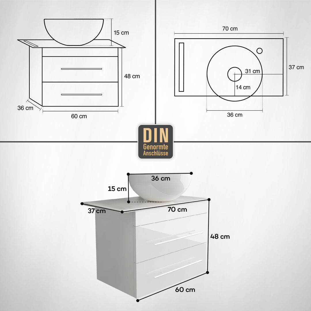 Alpenberger Badmöbel Set 60 cm mit Aufsatzwaschbecken – Weiss – Keramikplatte