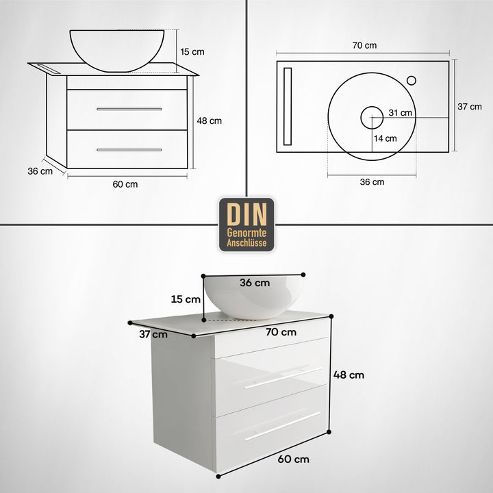 Alpenberger Badmöbel Set 60 cm mit Aufsatzwaschbecken – Weiss – Keramikplatte