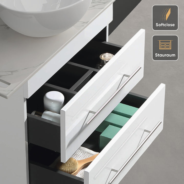 Alpenberger Badmöbel Set 60 cm mit Aufsatzwaschbecken – Weiss – Keramikplatte